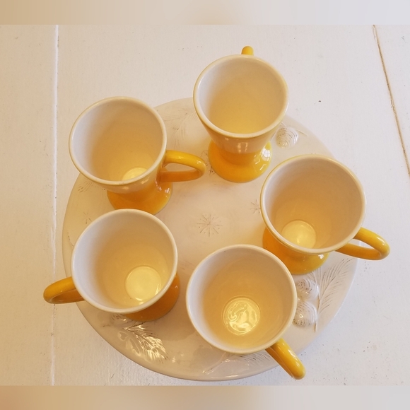 Set of 5 Made in Romania Yellow Glazed Mugs Coffee Tea Cups Conical Feet Retro - Picture 3 of 11